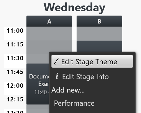 The day has a new colour, and the stage context menu is displayed