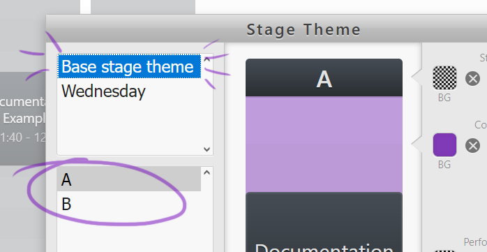 Base Stage Theme is selected, and stage A is using a purple background