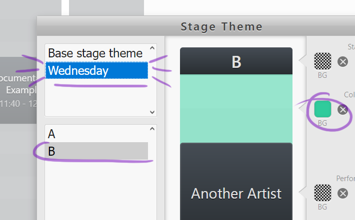 Wednesday is selected and stage B is using a teal background