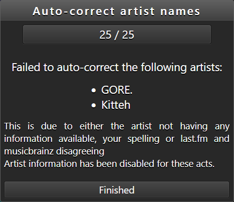 Auto-correct has finished and is displaying information about what artists were not corrected