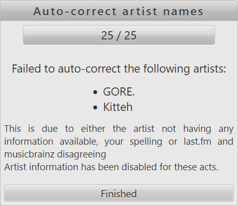 Auto-correct has finished and is displaying information about what artists were not corrected