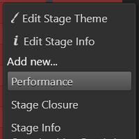 The stage context menu, New Performance is hovered over
