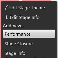 The stage context menu, New Performance is hovered over